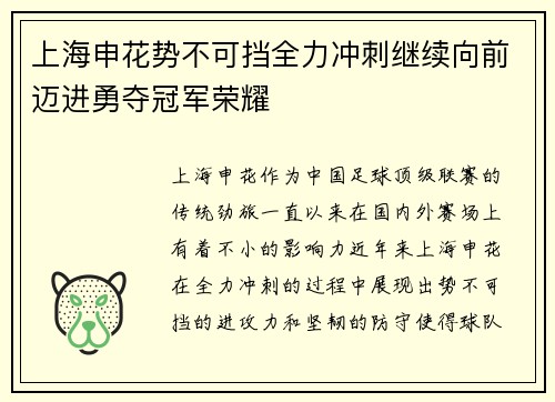 上海申花势不可挡全力冲刺继续向前迈进勇夺冠军荣耀 上海申花势不可挡全力冲刺继续向前迈进勇夺冠军荣耀